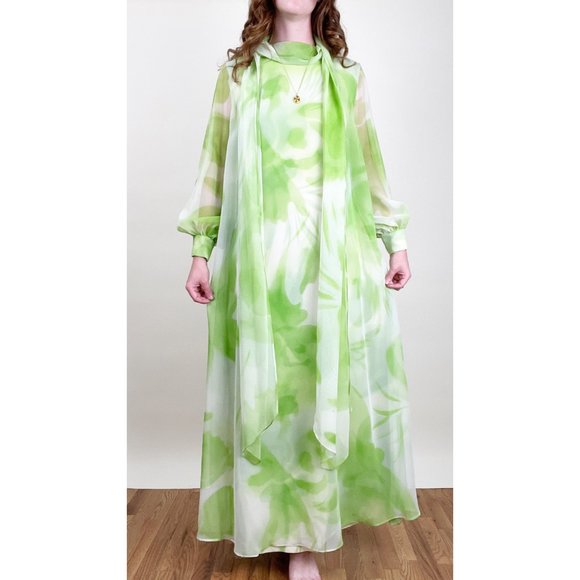 Vintage Union Made 70's Chiffon Kaftan Maxi Dress Hippie Boho Bohemian Shift 70s - Picture 3 of 9